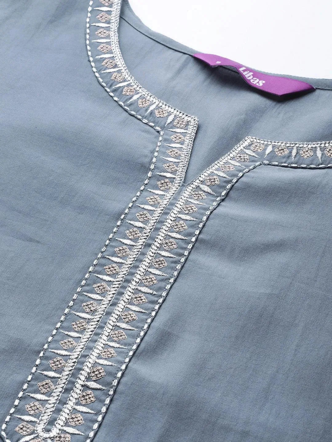 Grey Embroidered Chanderi Silk Kurta - Libas 