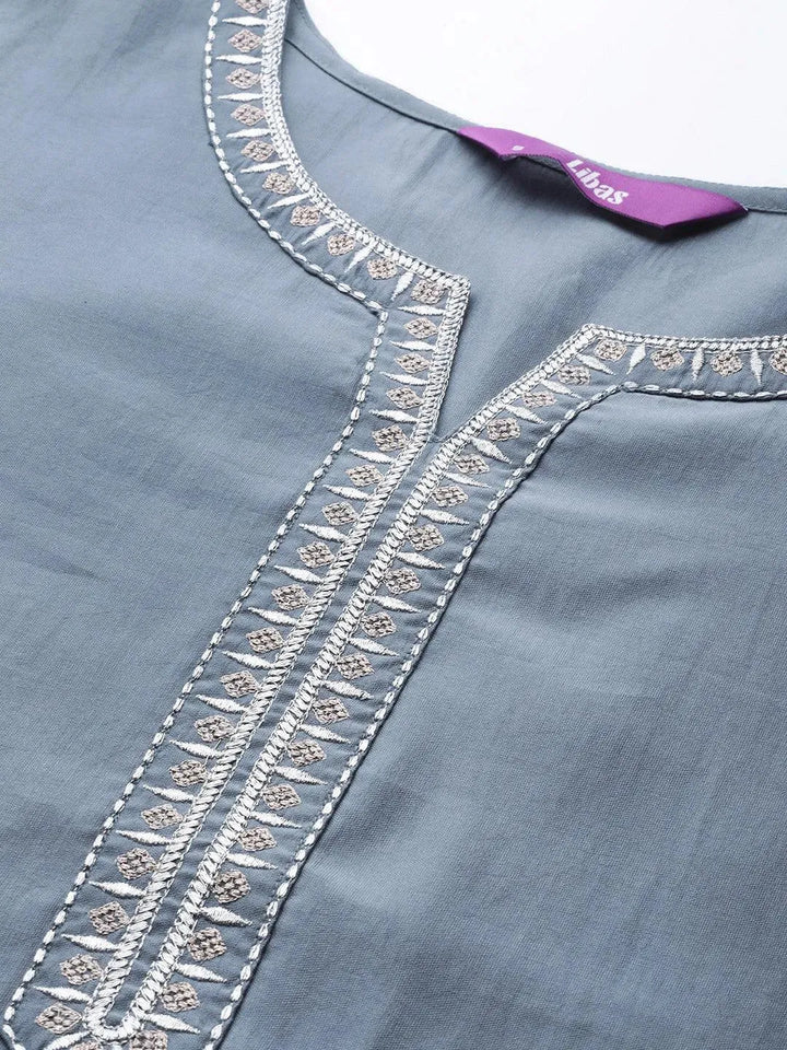 Grey Embroidered Chanderi Silk Kurta - Libas