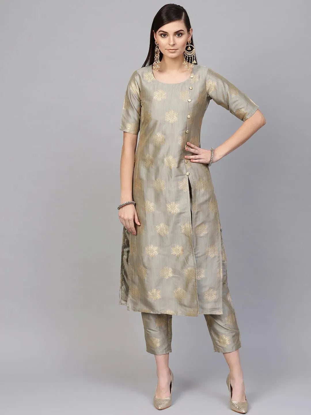 Grey Embroidered Chanderi Kurta Set - Libas