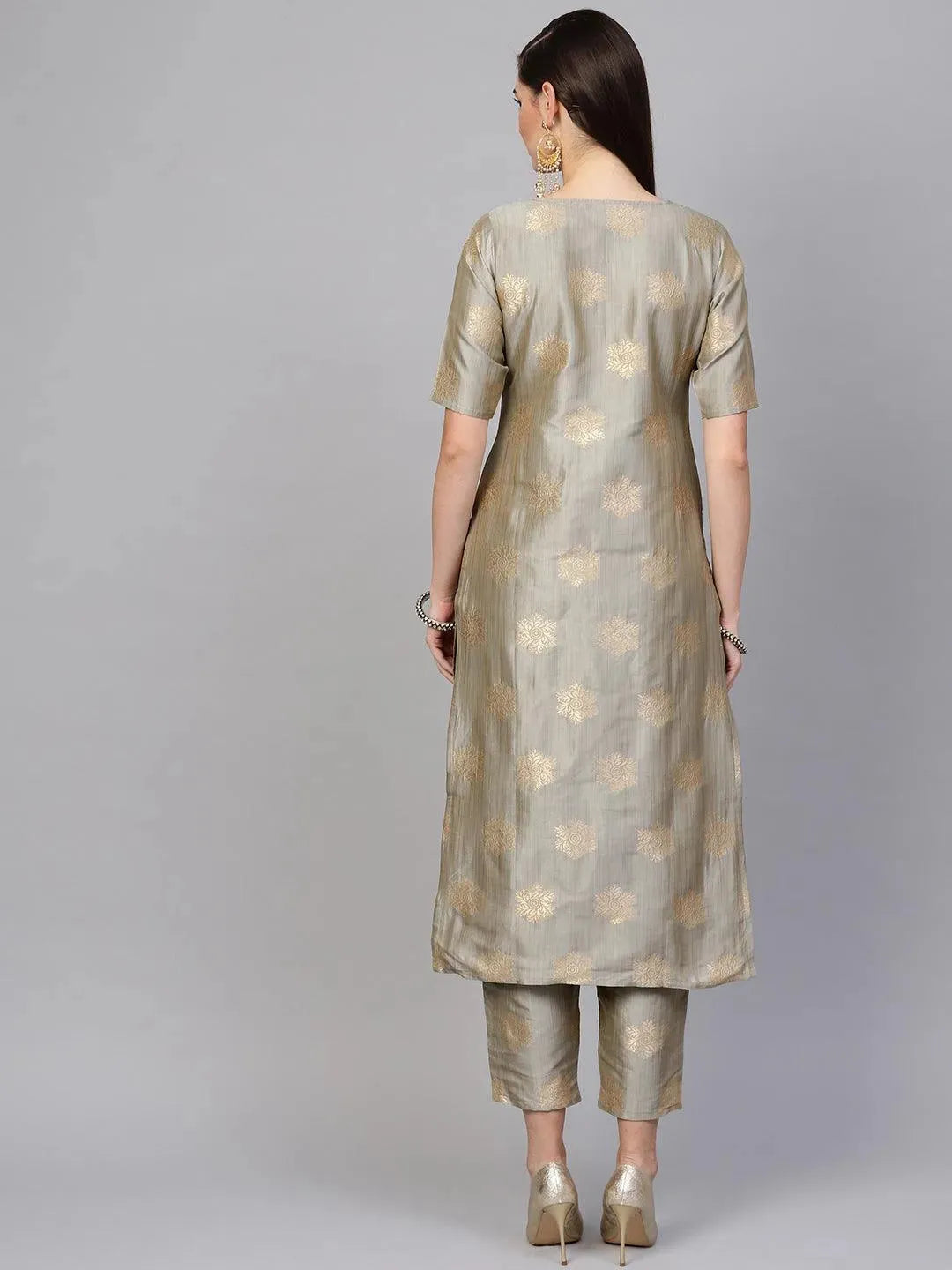 

Grey Embroidered Chanderi Silk Straight Kurta With Trousers