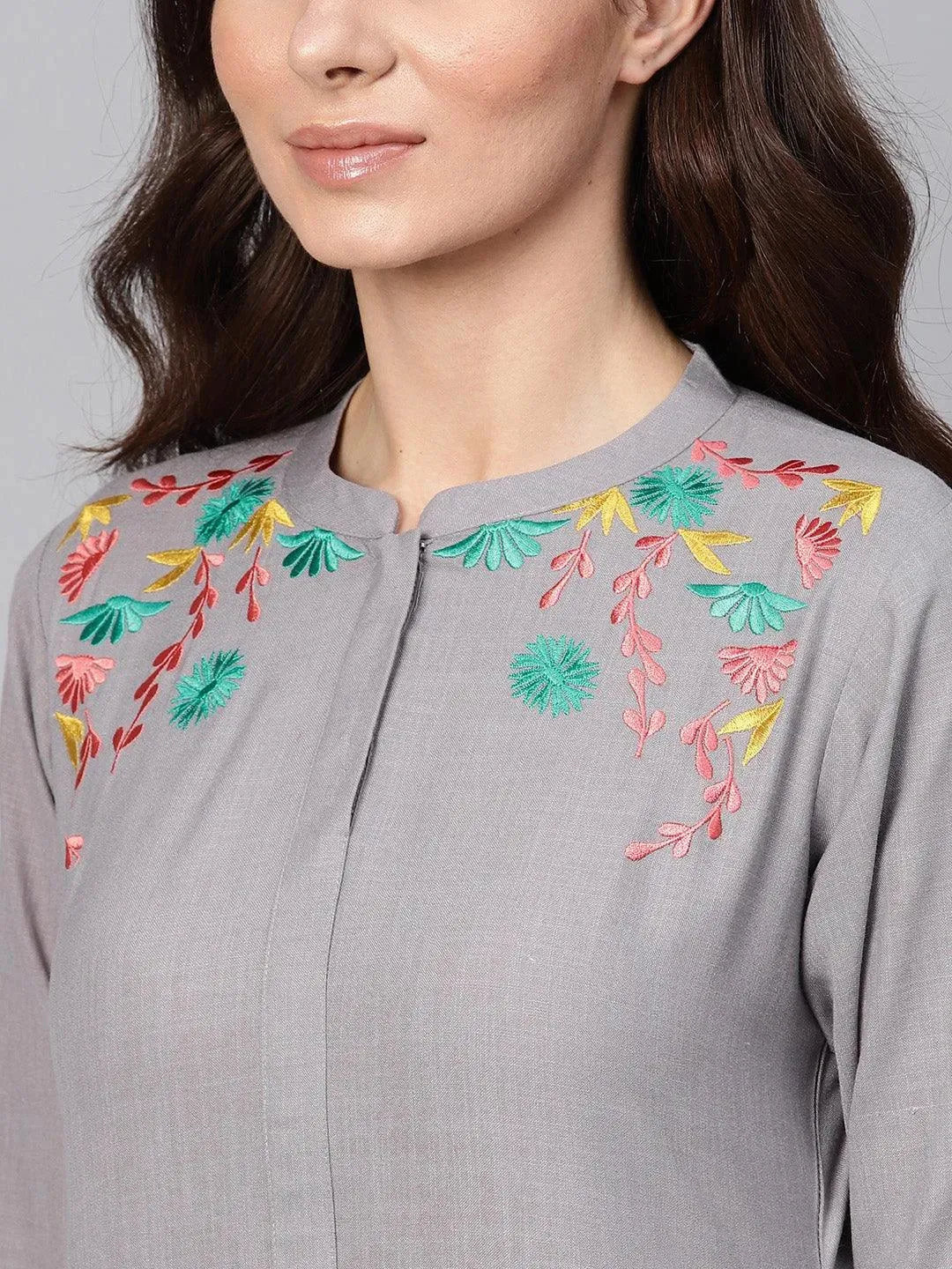 Grey Embroidered Cotton Kurta - Libas 
