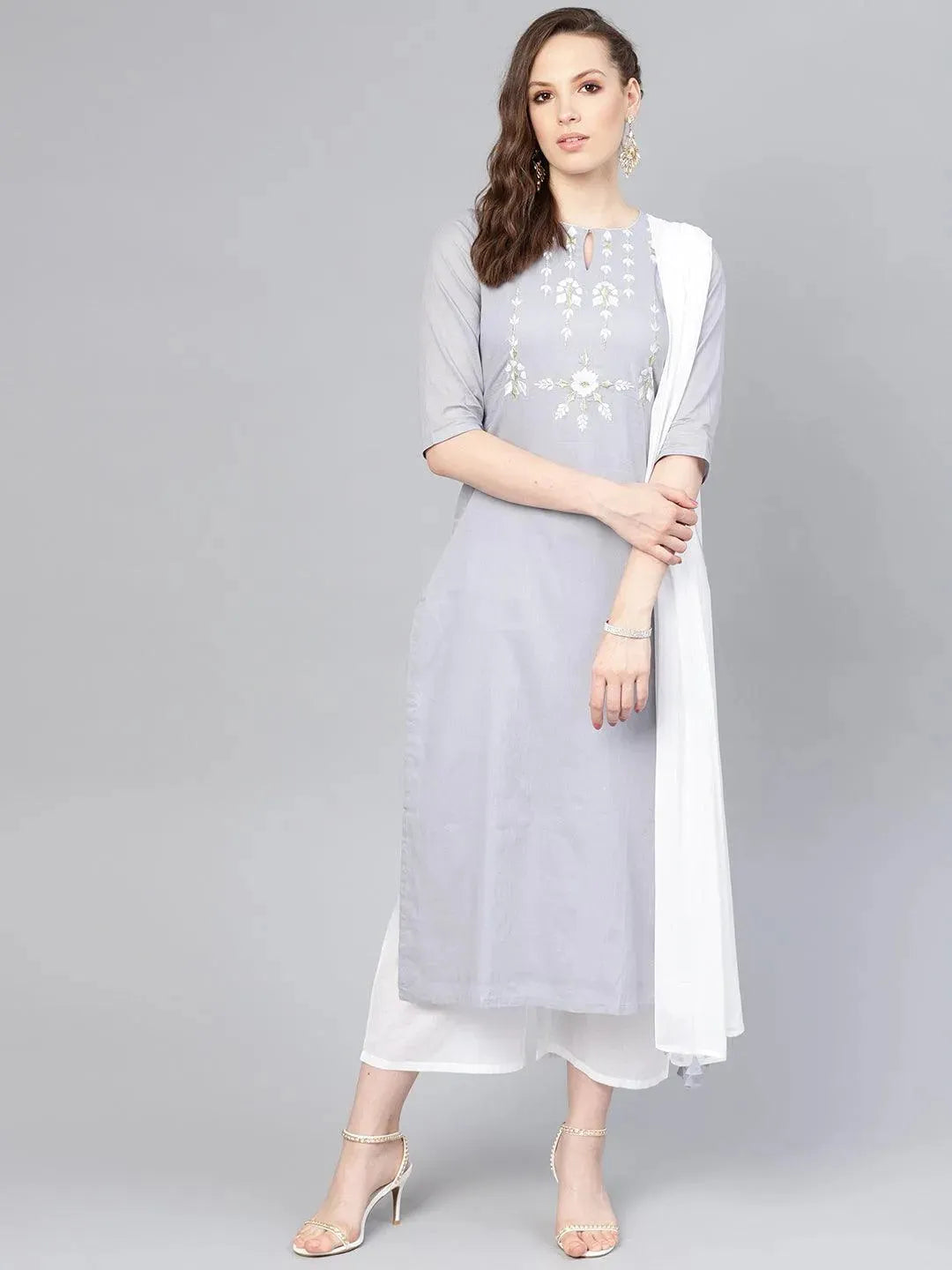 Grey Embroidered Cotton Suit Set - Libas 