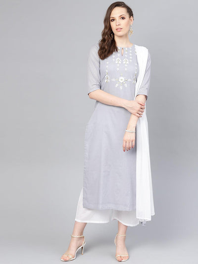 Grey Embroidered Cotton Suit Set - Libas