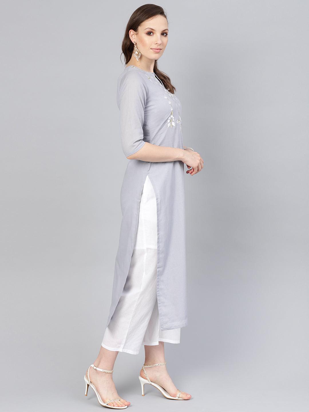 Grey Embroidered Cotton Suit Set - Libas