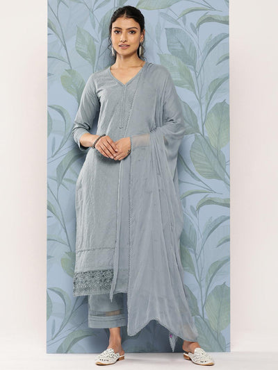 Grey Embroidered Cotton Straight Suit Set With Trousers - Libas