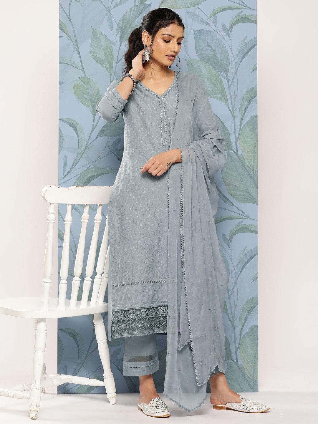Grey Embroidered Cotton Straight Kurta With Trousers & Dupatta