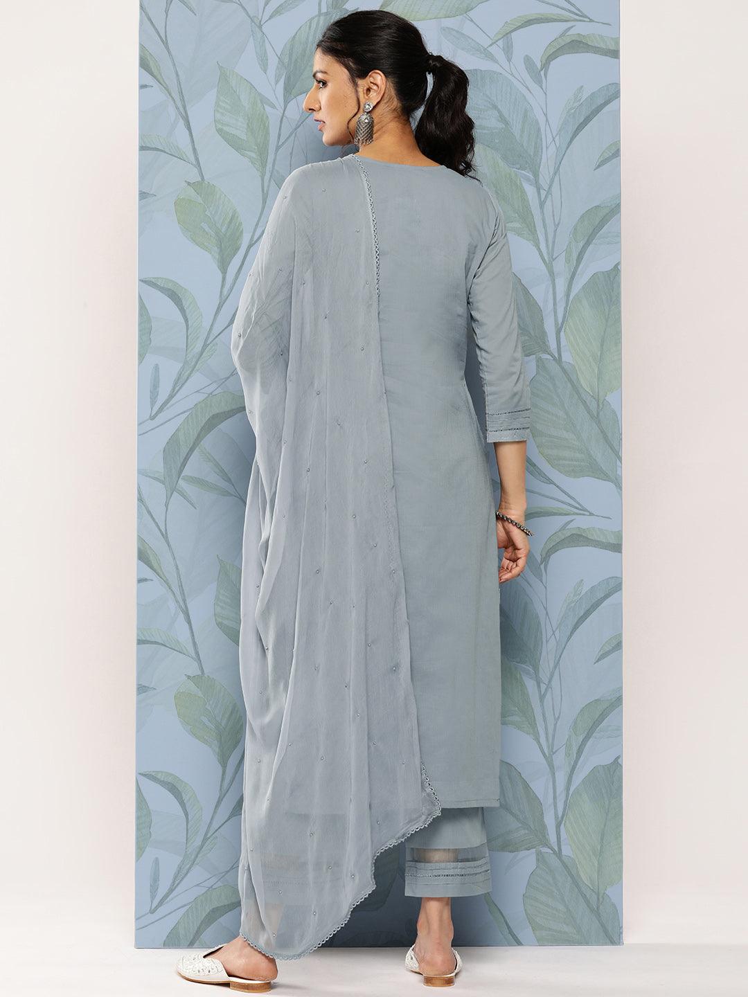 Grey Embroidered Cotton Straight Kurta With Trousers & Dupatta