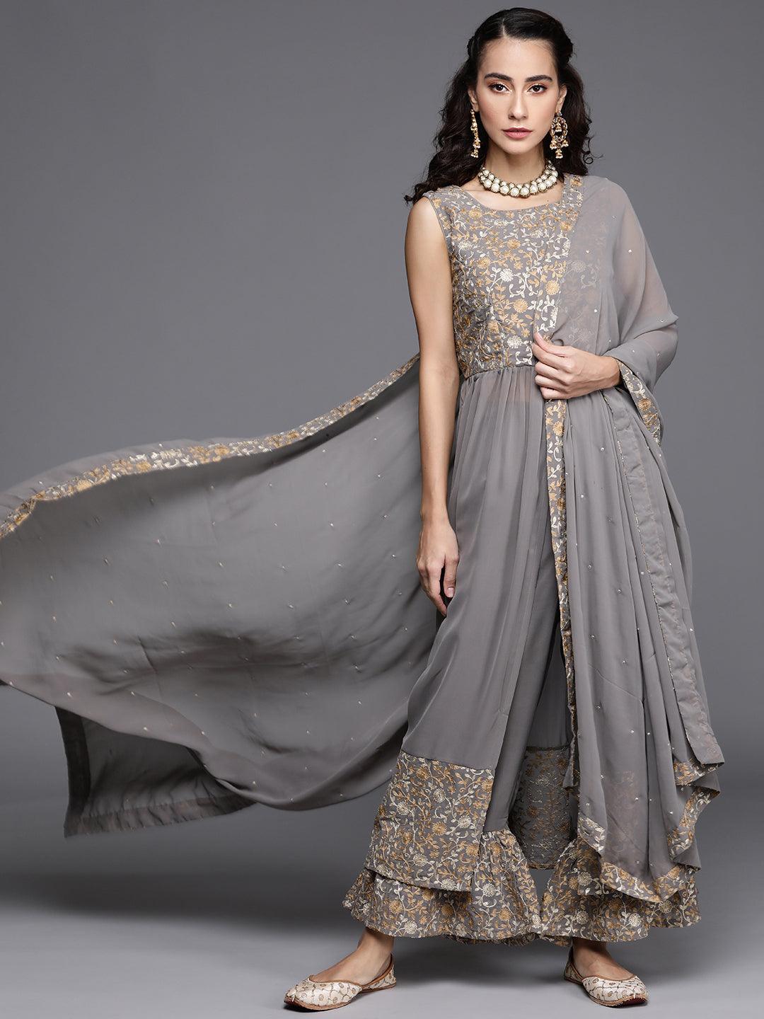 Grey Embroidered Georgette A-Line Kurta With Palazzos & Dupatta