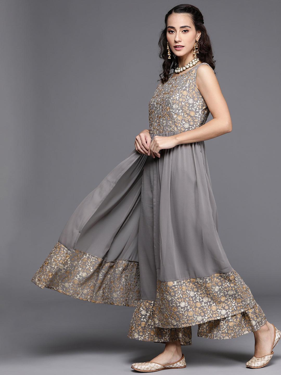 Grey Embroidered Georgette A-Line Kurta With Palazzos & Dupatta