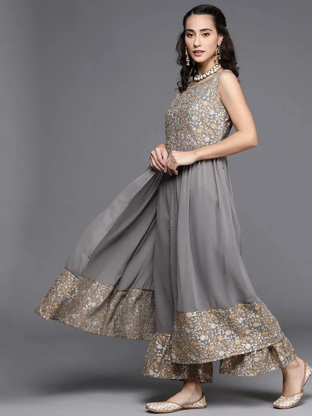 Grey Embroidered Georgette Suit Set - Libas