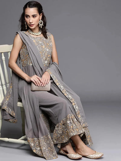 Grey Embroidered Georgette Suit Set - Libas