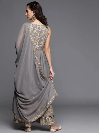 Grey Embroidered Georgette Suit Set - Libas