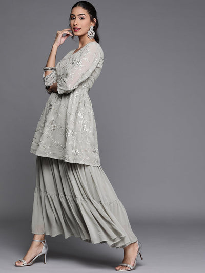 Grey Embroidered Georgette Suit Set - Libas