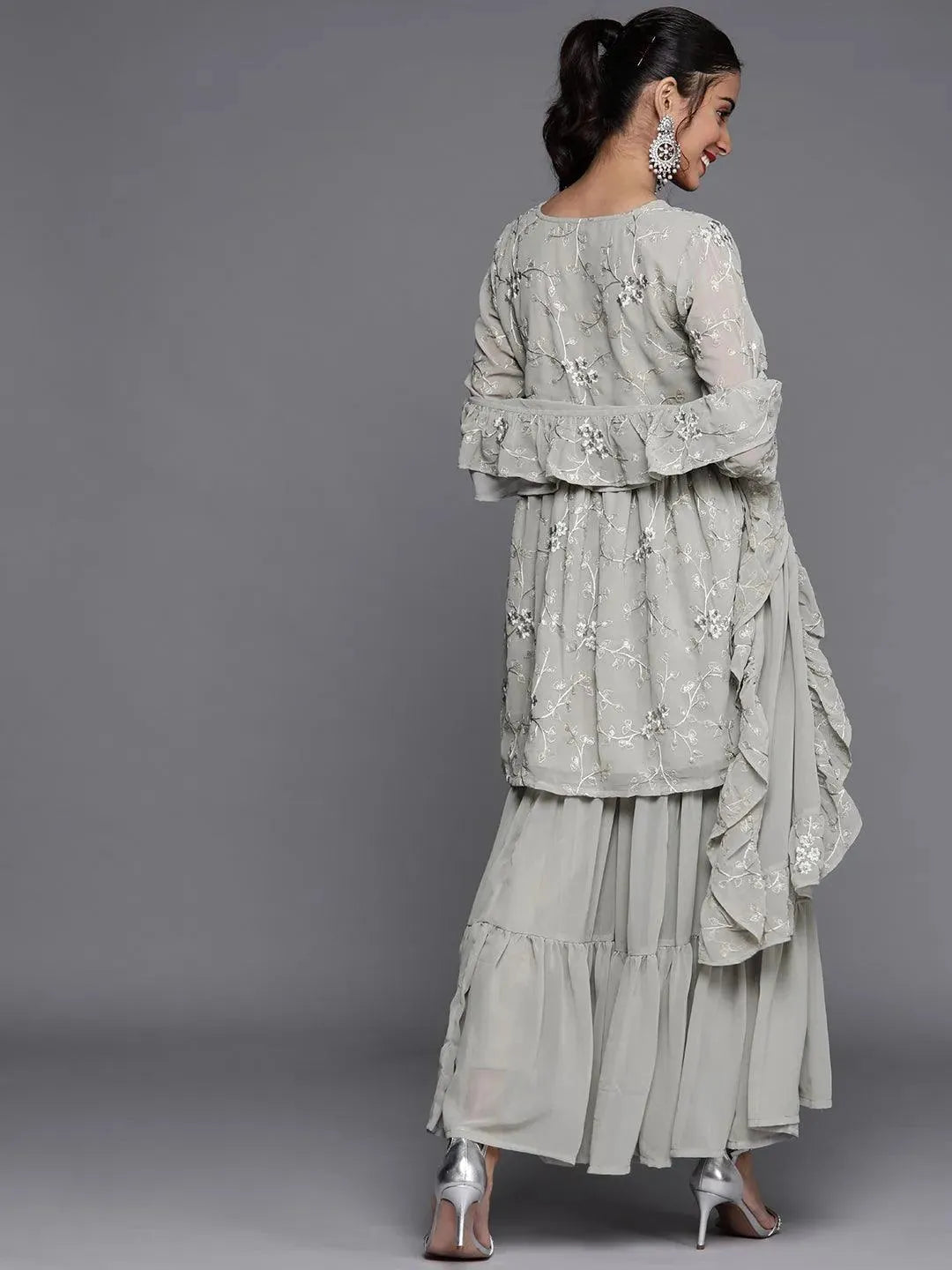 Grey Embroidered Georgette Suit Set - Libas 