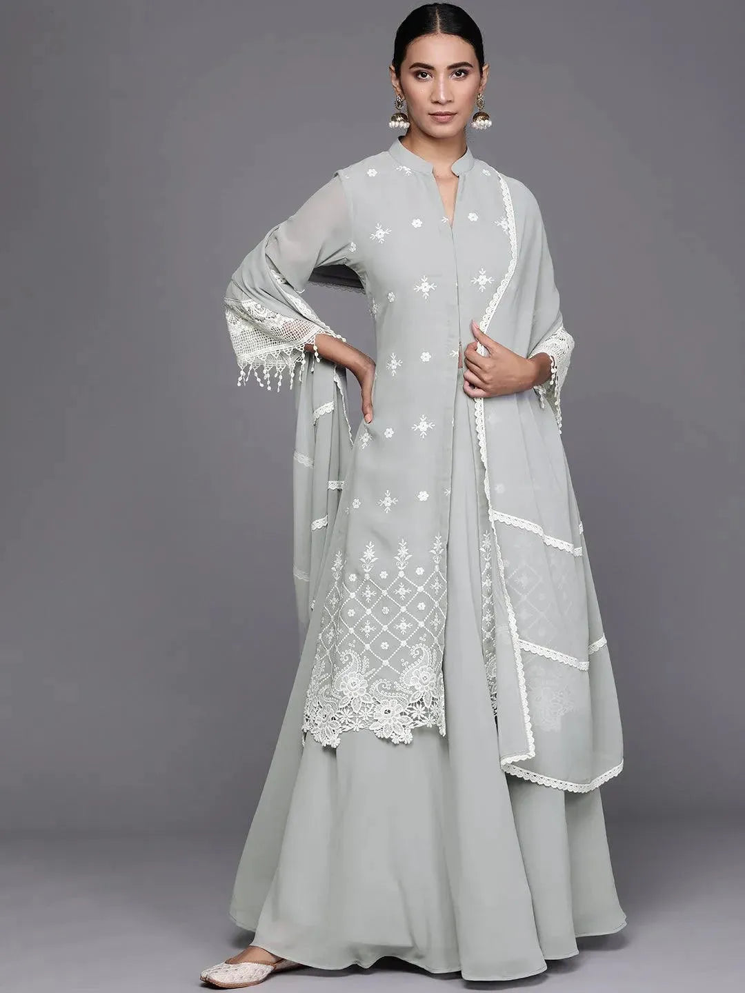 Grey Embroidered Georgette Suit Set - Libas