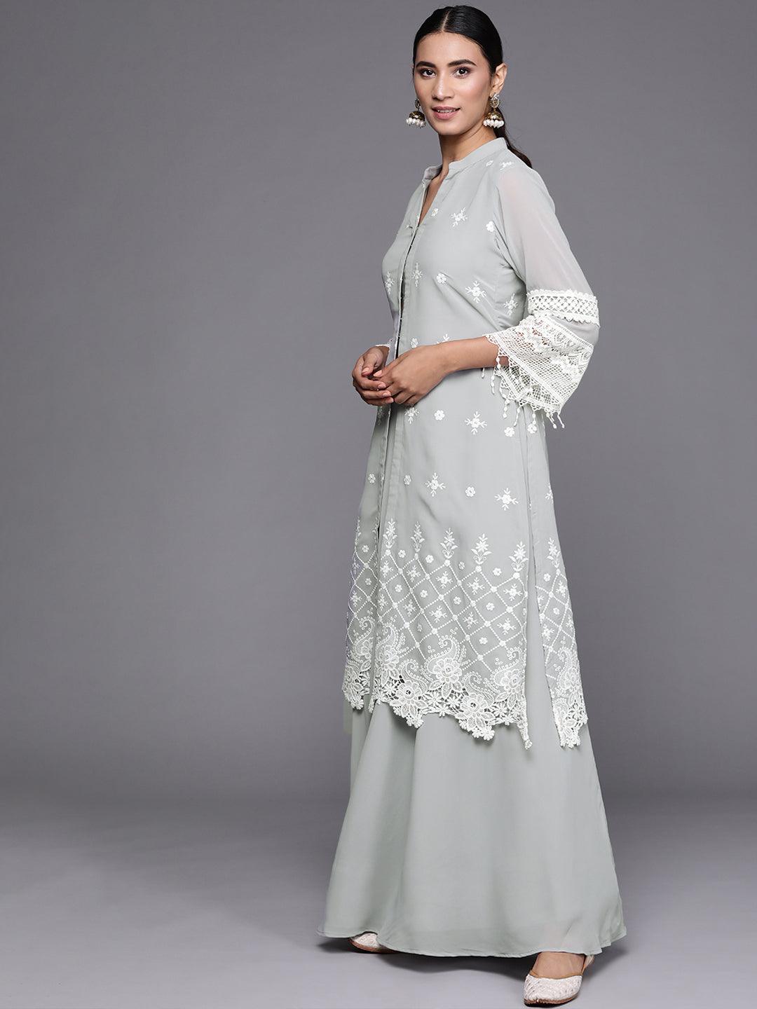 Grey Embroidered Georgette A-Line Kurta With Skirt & Dupatta