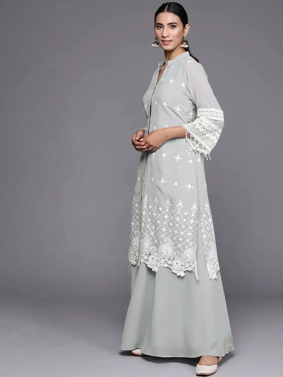 Grey Embroidered Georgette Suit Set - Libas 
