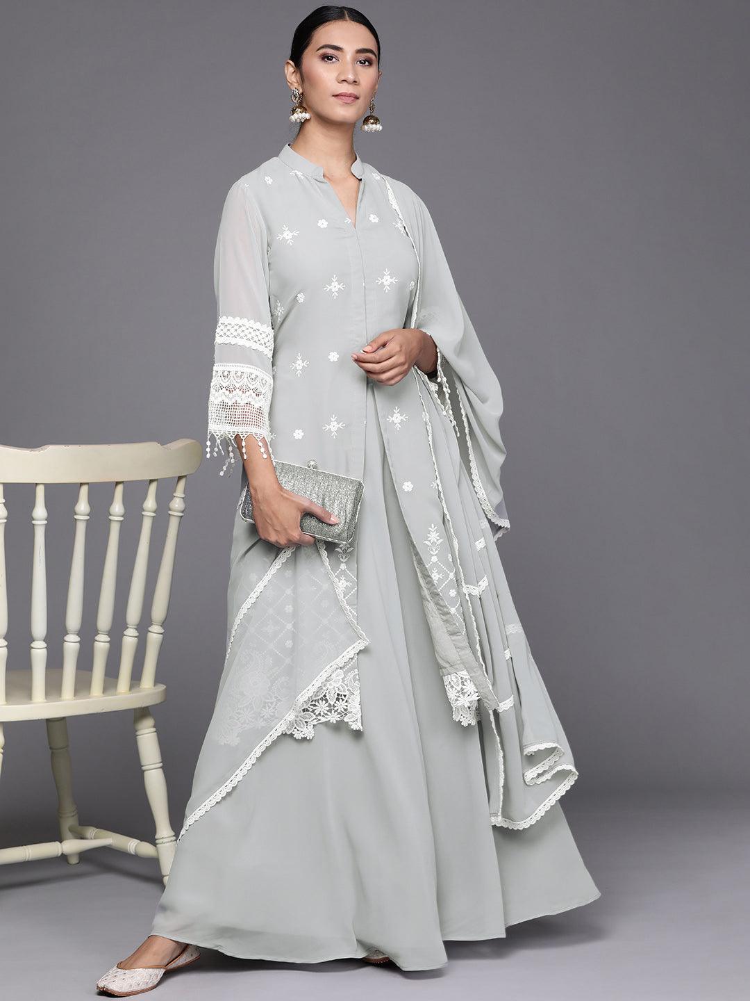 Grey Embroidered Georgette A-Line Kurta With Skirt & Dupatta