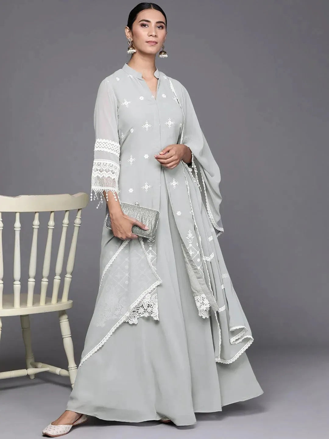 Grey Embroidered Georgette Suit Set - Libas