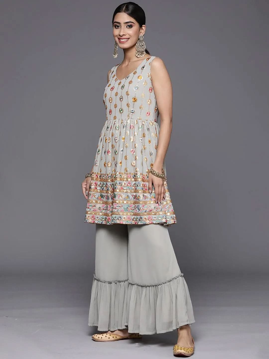 

Grey Embroidered Georgette A-Line Sharara Suit Set With Dupatta