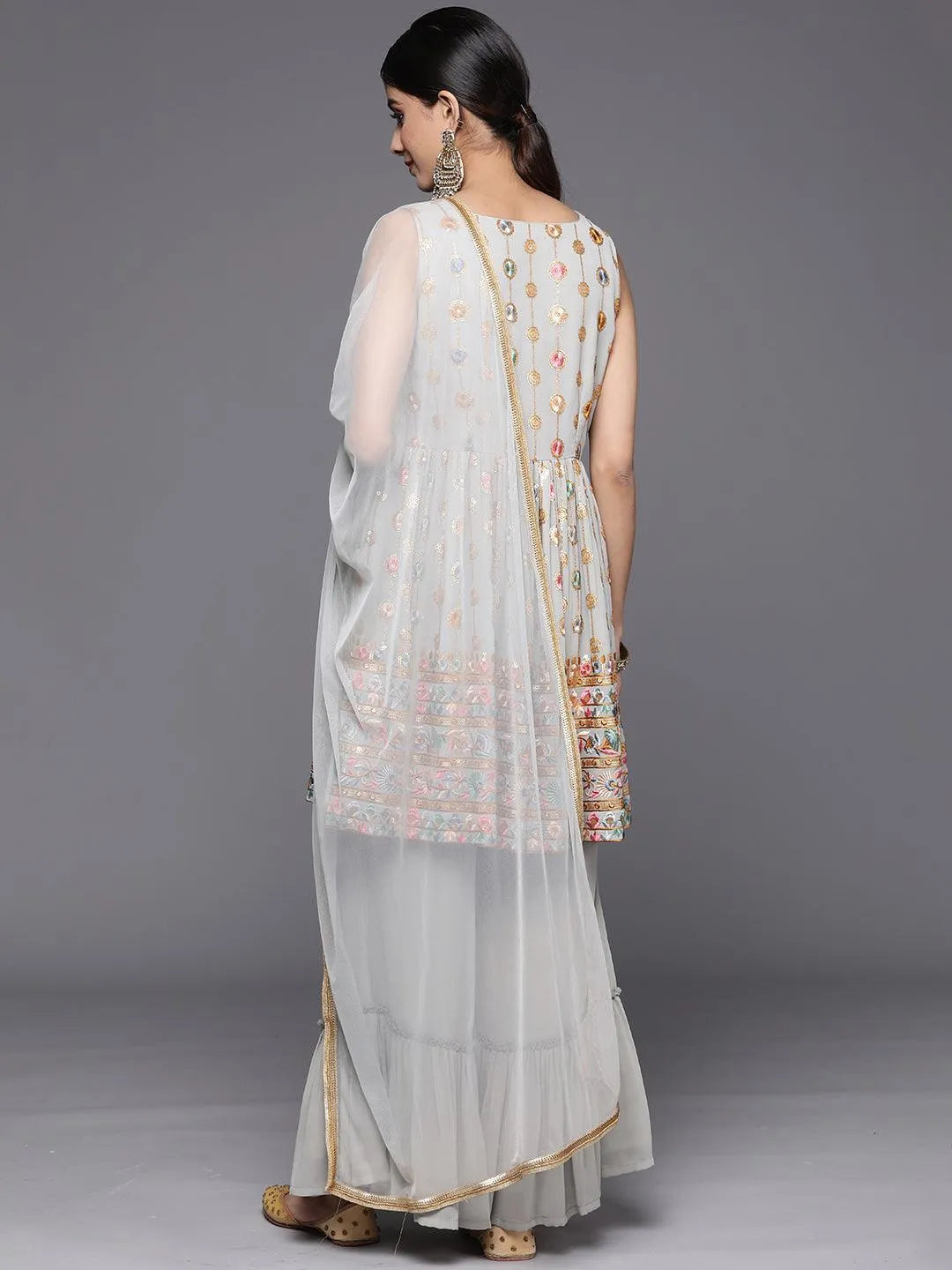 Grey Embroidered Georgette A-Line Suit Set With Palazzos - Libas 