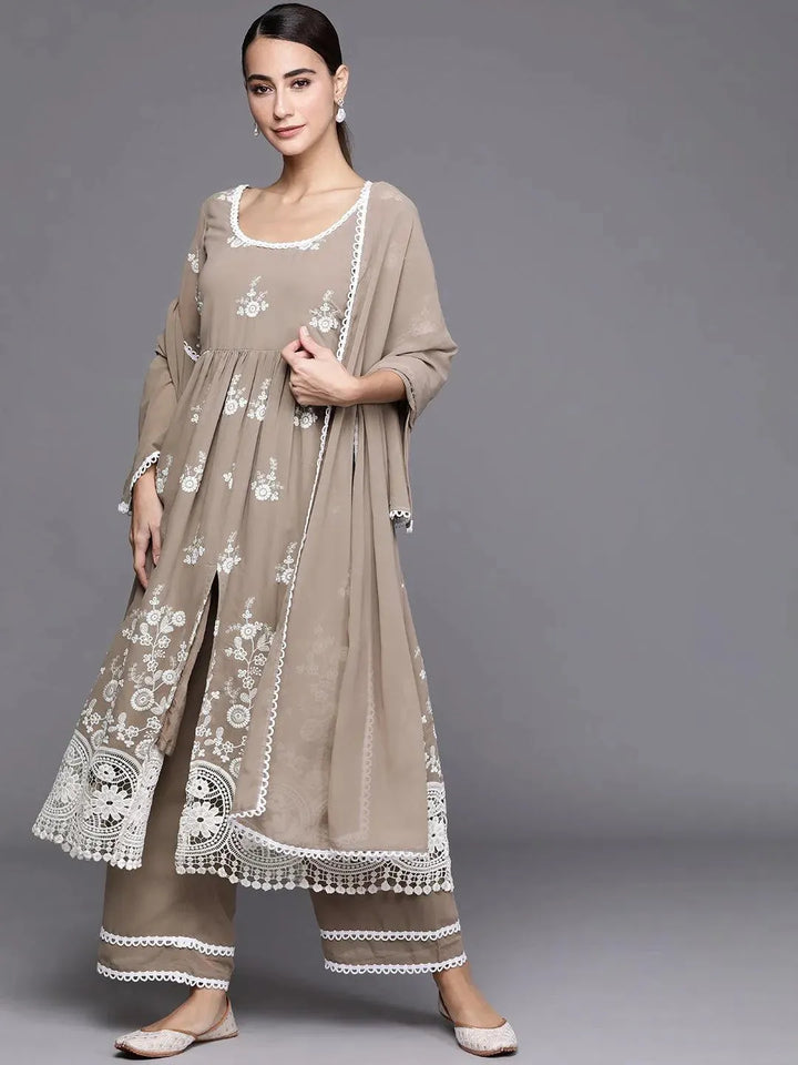 Grey Embroidered Georgette Suit Set - Libas