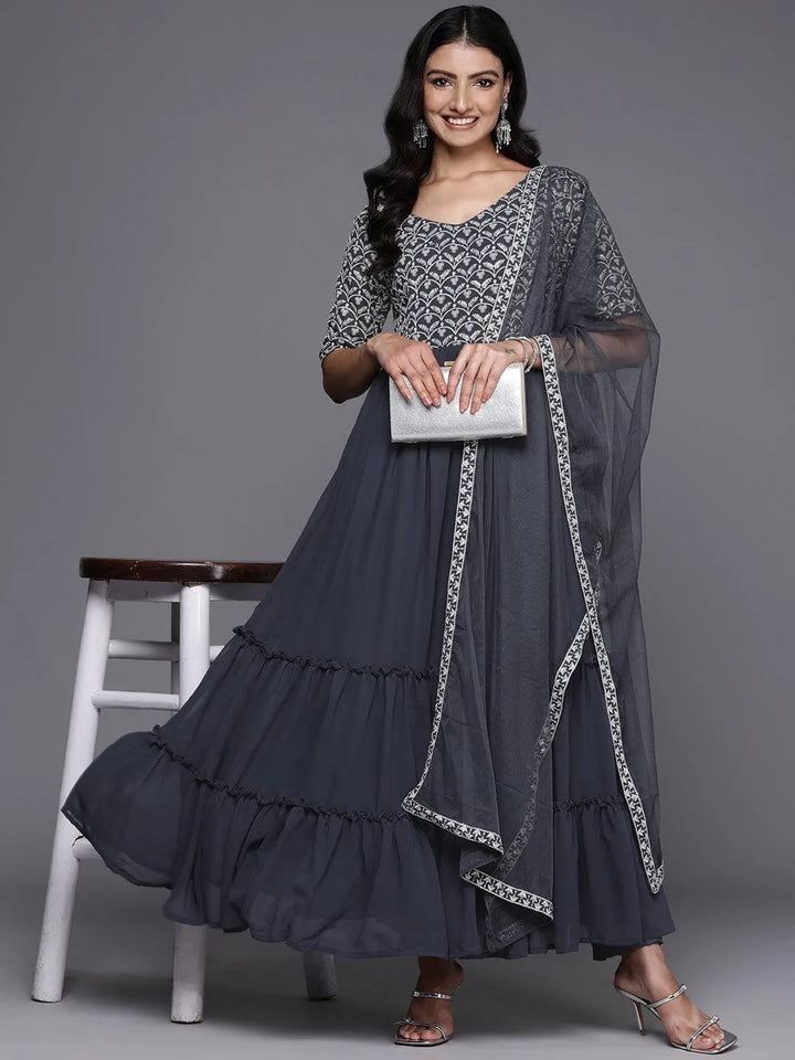 Grey Embroidered Georgette Anarkali Kurta With Trousers & Dupatta - Libas