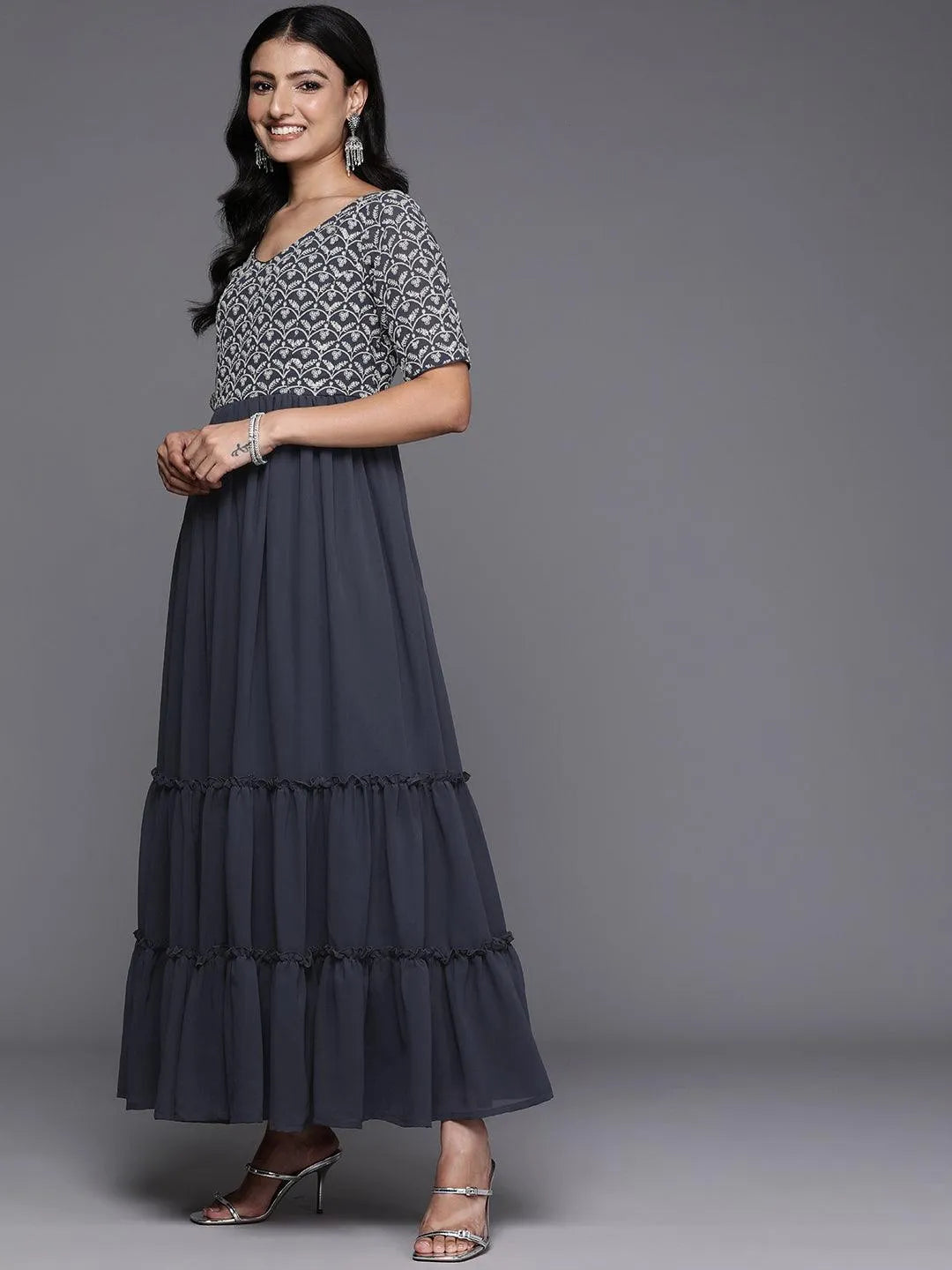 Grey Embroidered Georgette Anarkali Kurta With Trousers & Dupatta - Libas 