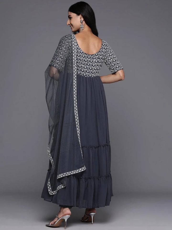 Grey Embroidered Georgette Anarkali Kurta With Trousers & Dupatta - Libas