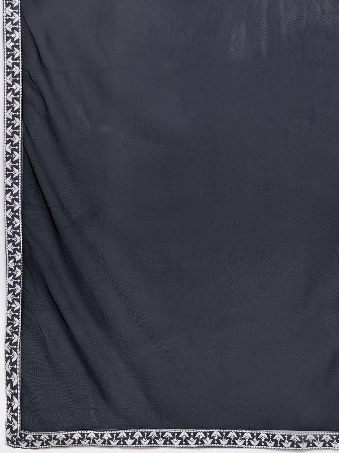 Grey Embroidered Georgette Anarkali Kurta With Trousers & Dupatta - Libas