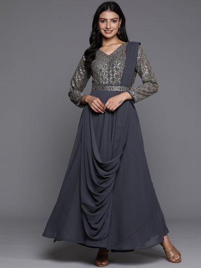 Grey Embroidered Georgette Gown Dress - Libas