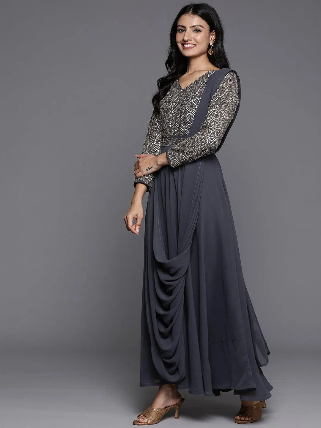 Buy Grey Embroidered Georgette Gown Dress Online at Rs.1649 | Libas Buy Grey Embroidered Georgette Gown Dress Online at Rs.1649 | Libas
