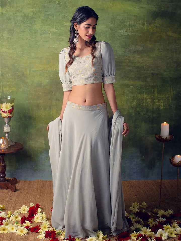 Grey Embroidered Georgette Lehenga Set - Libas