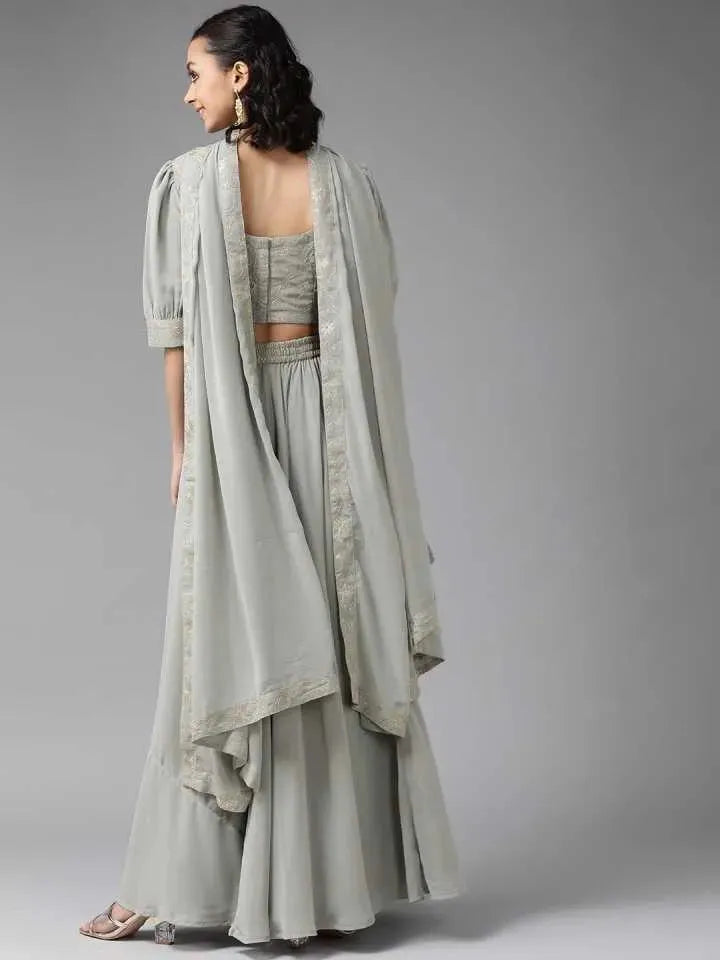 Grey Embroidered Georgette Lehenga Set - Libas