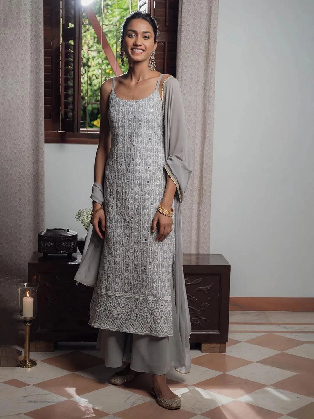 Grey Embroidered Georgette Suit Set - Libas