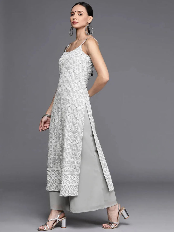 Grey Embroidered Georgette Suit Set - Libas
