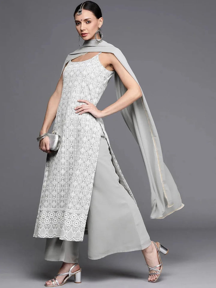 Grey Embroidered Georgette Suit Set - Libas