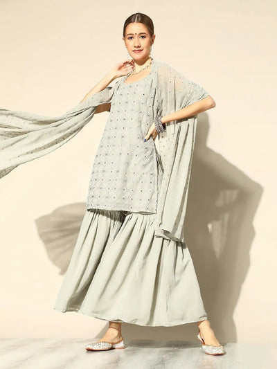 Grey Embroidered Georgette Straight Kurta With Sharara & Dupatta - Libas