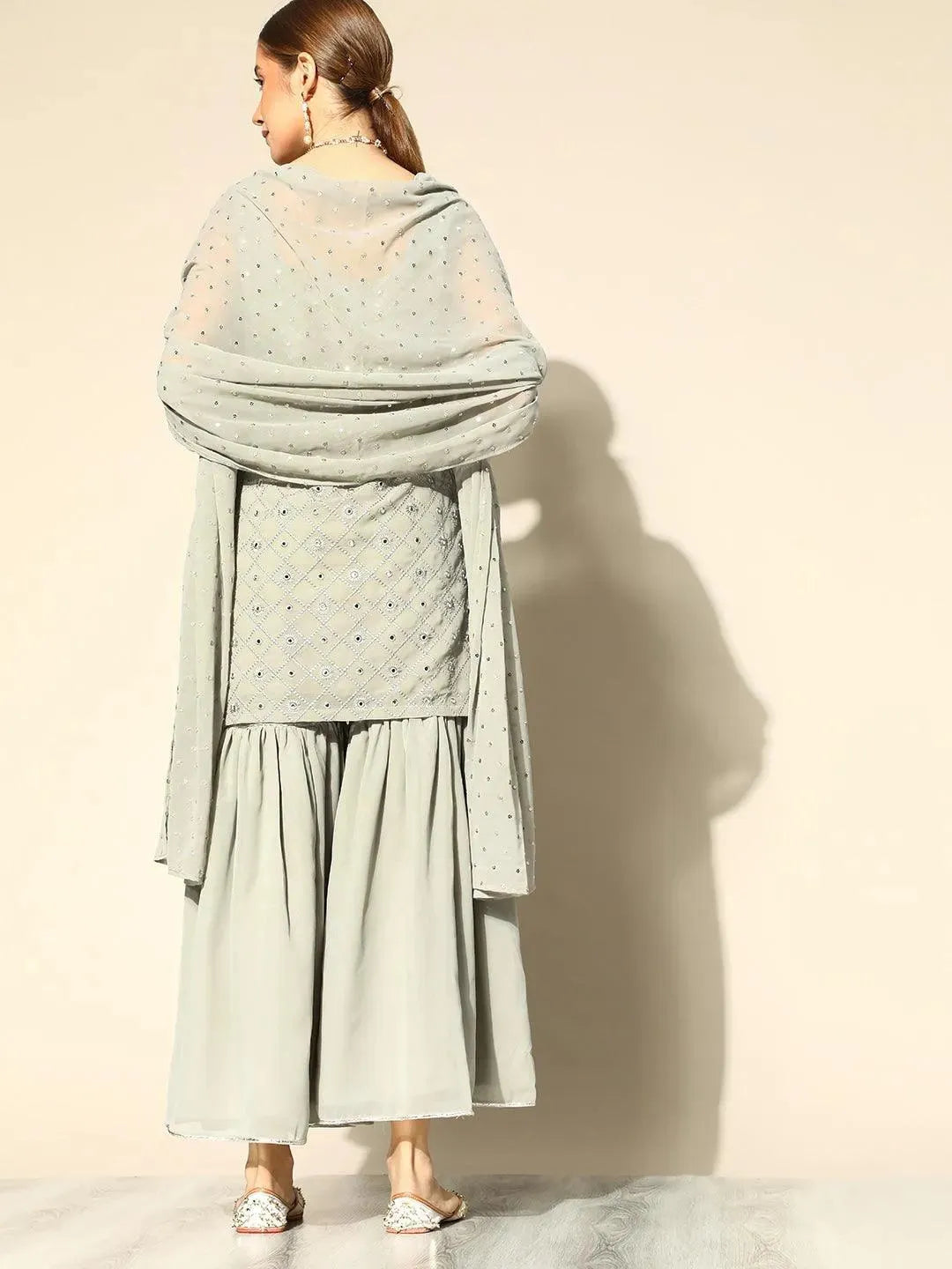 Grey Embroidered Georgette Straight Kurta With Sharara & Dupatta - Libas