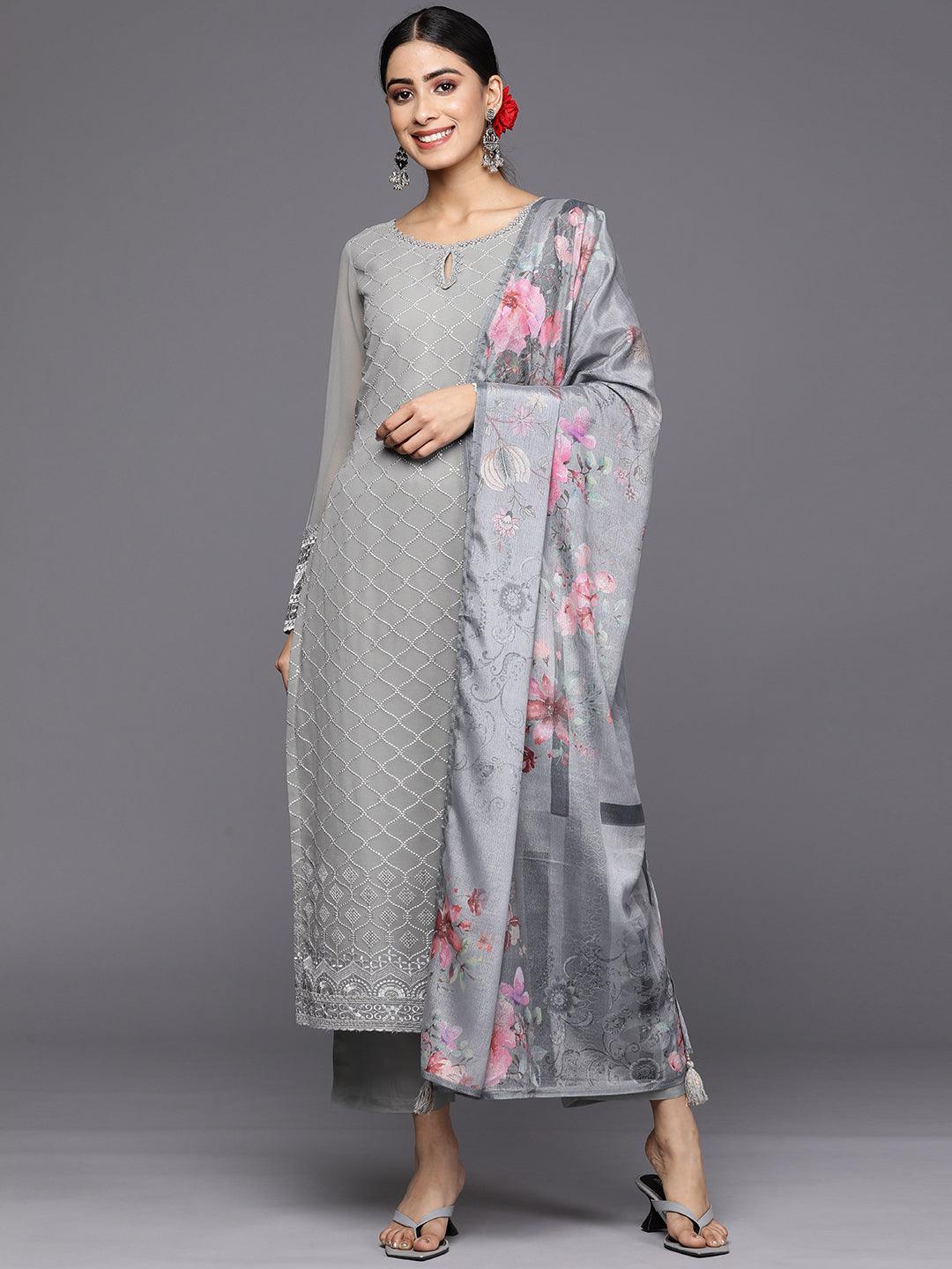 Grey Embroidered Georgette Straight Suit Set With Trousers - Libas