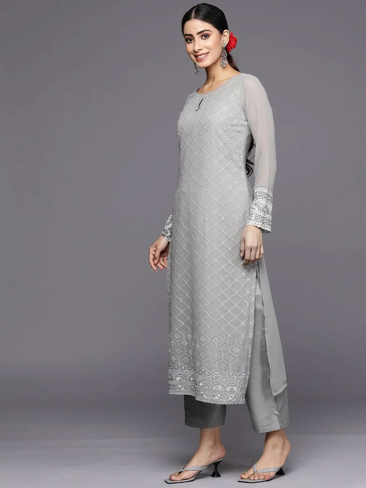 Grey Embroidered Georgette Straight Suit Set With Trousers - Libas
