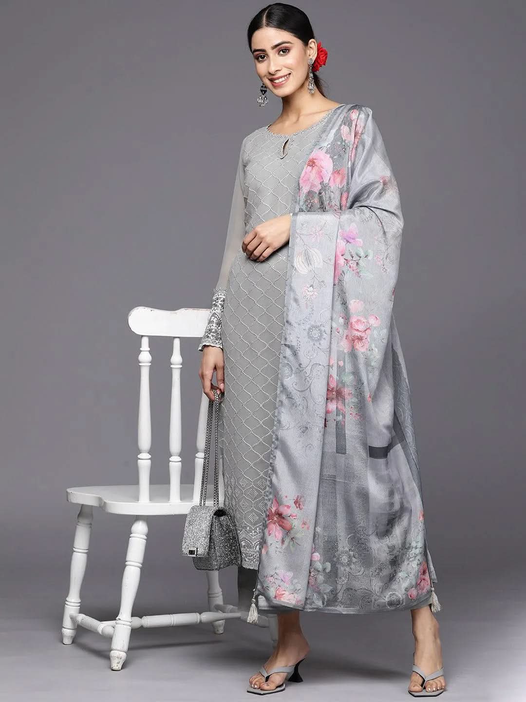 Grey Embroidered Georgette Straight Suit Set With Trousers - Libas 