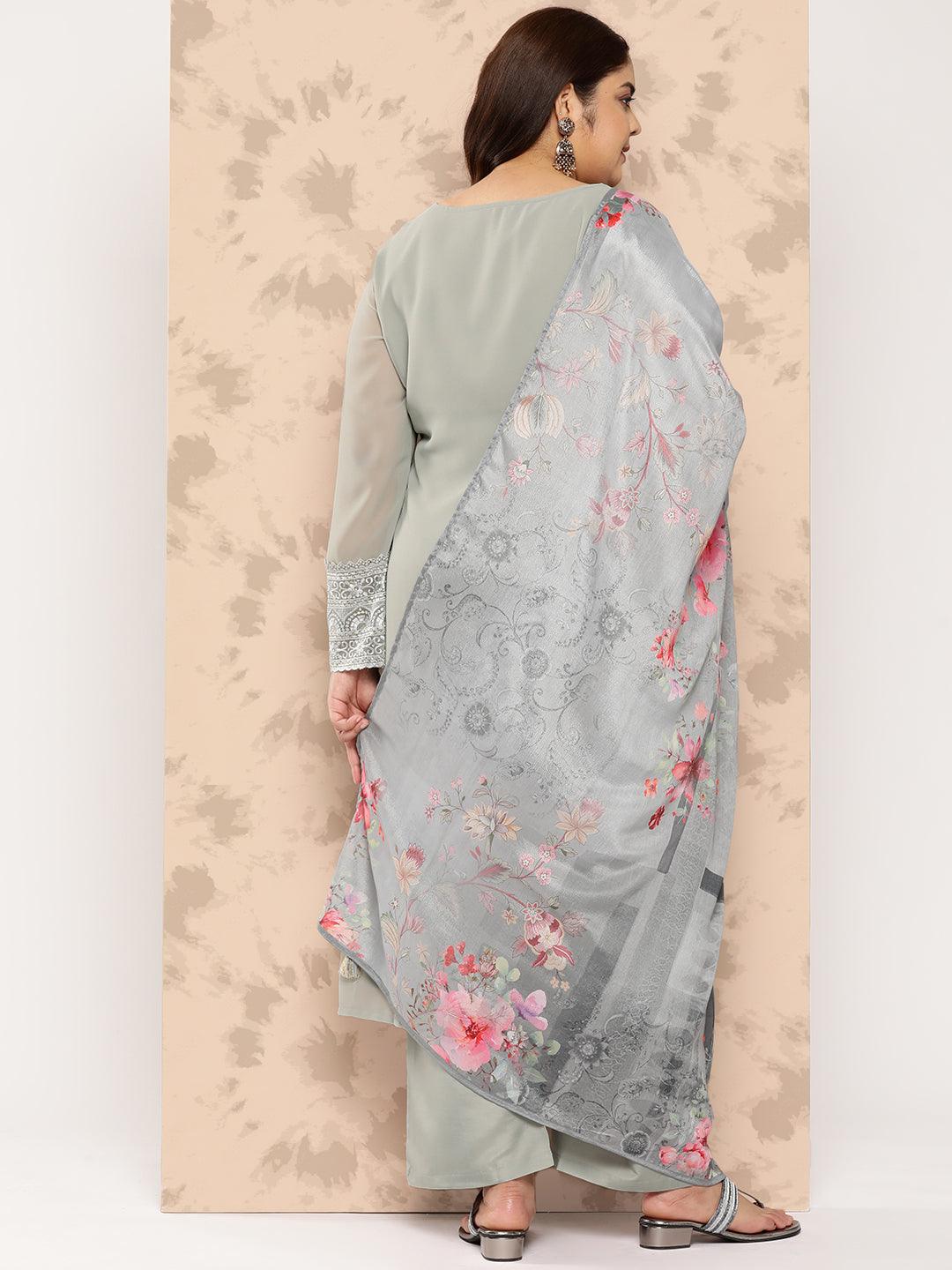 Grey Embroidered Georgette Straight Kurta With Trousers and Dupatta - Libas