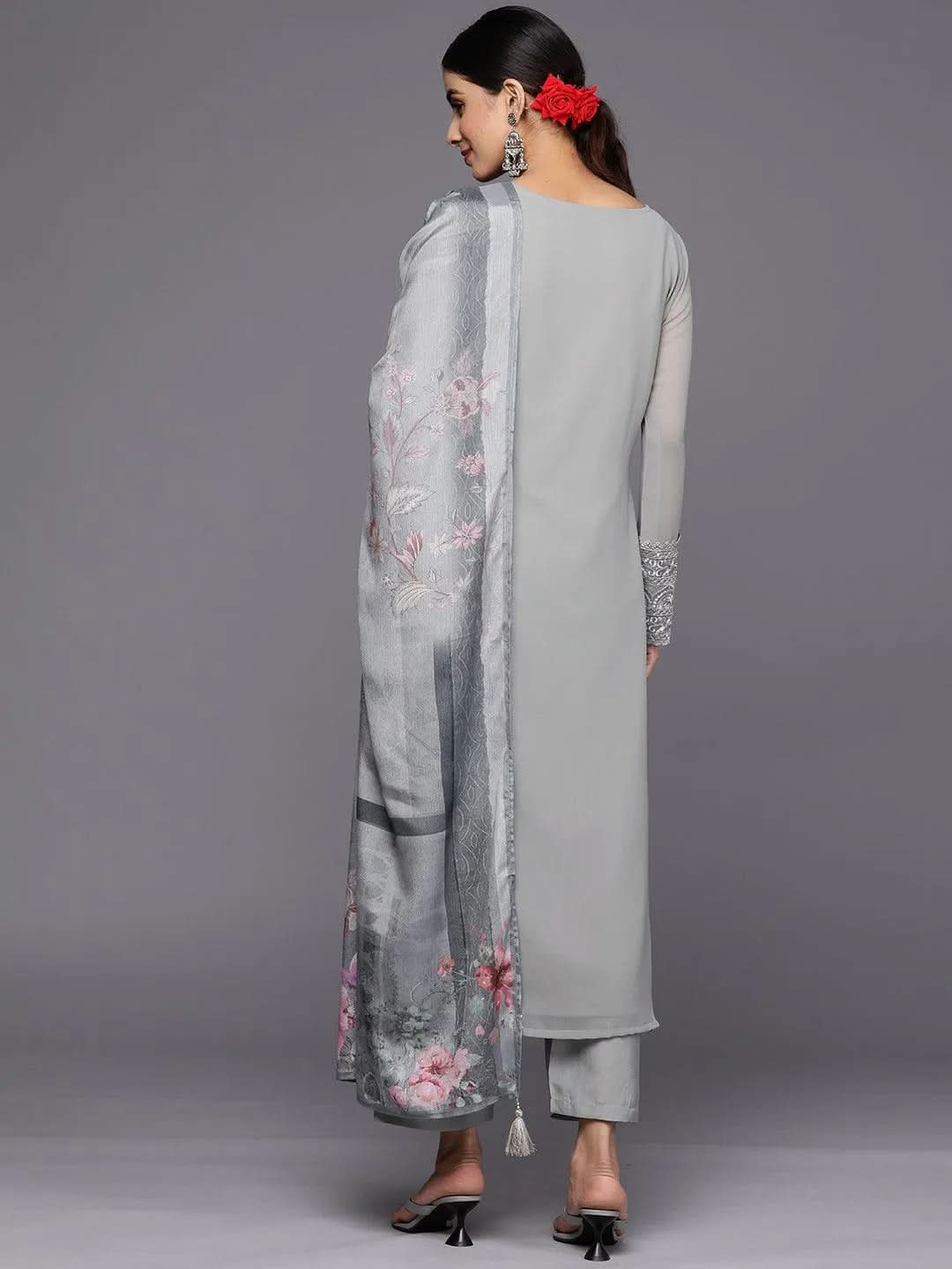 Grey Embroidered Georgette Straight Suit Set With Trousers - Libas 