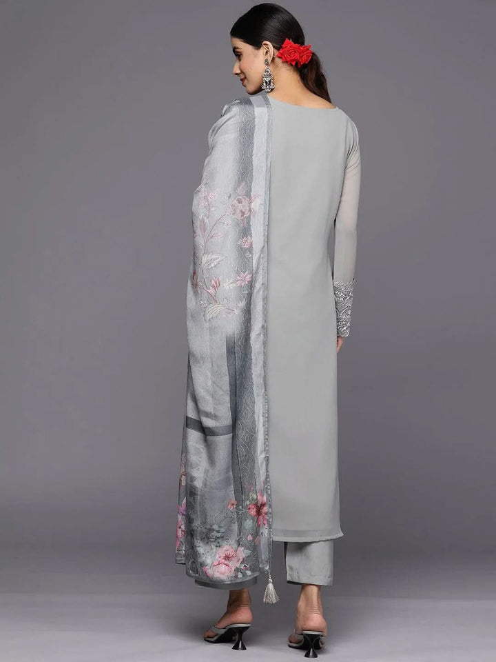 Grey Embroidered Georgette Straight Suit Set With Trousers - Libas