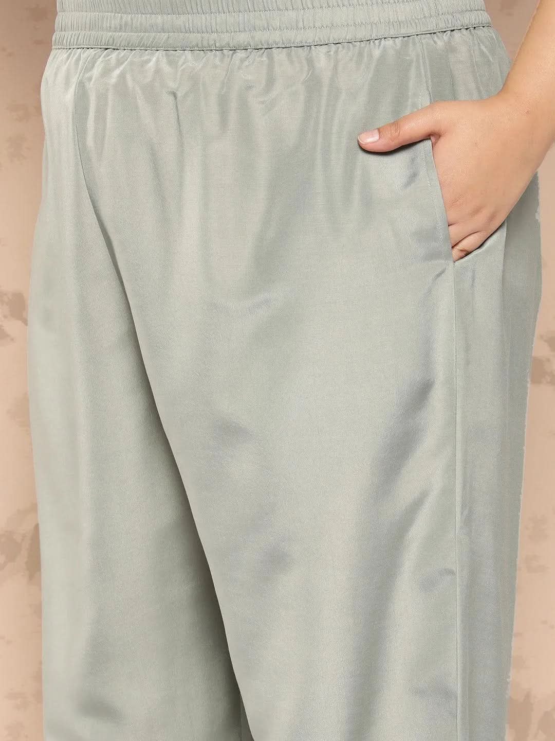 Grey Embroidered Georgette Straight Kurta With Trousers and Dupatta - Libas 