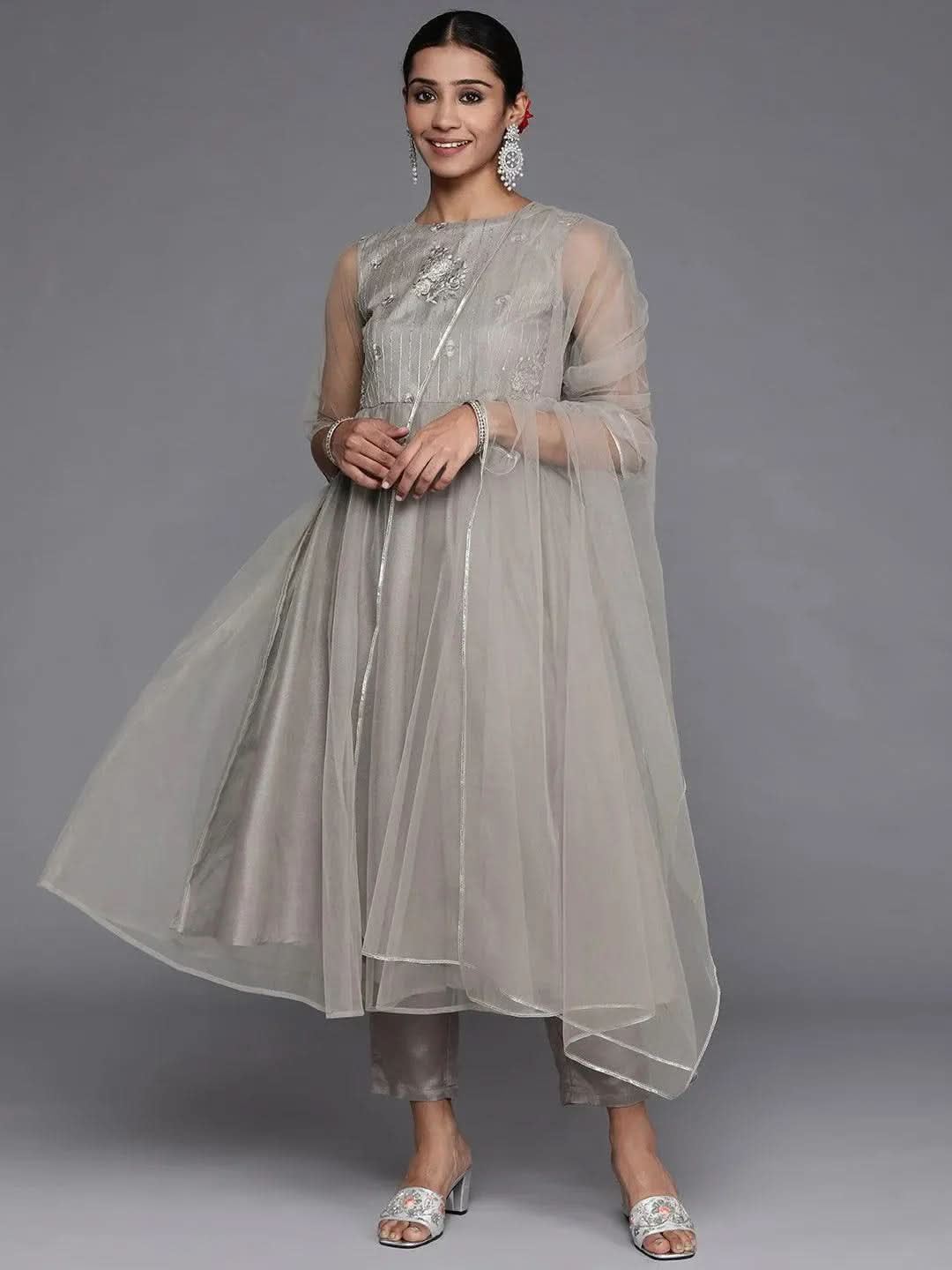 

Grey Embroidered Net Anarkali Kurta With Trousers & Dupatta