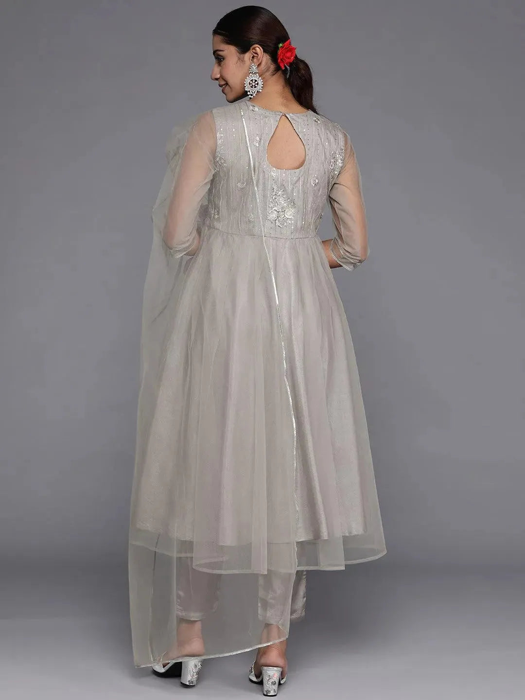 Grey Embroidered Net Anarkali Suit Set With Trousers - Libas 