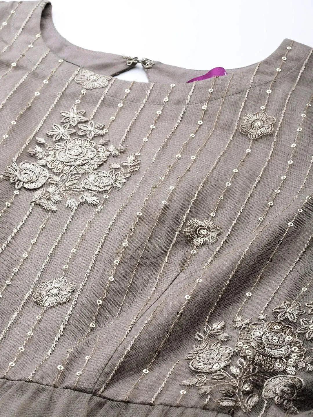 Grey Embroidered Net Anarkali Suit Set With Trousers - Libas 