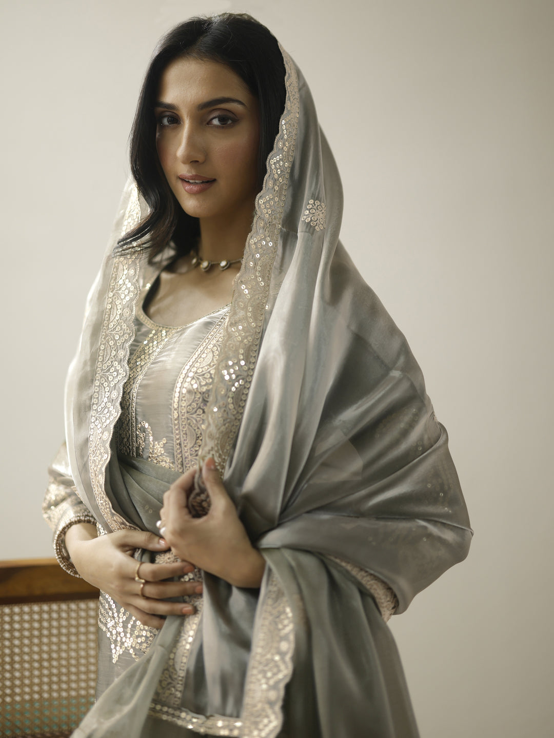 Grey Embroidered Organza Straight Suit Set With Dupatta